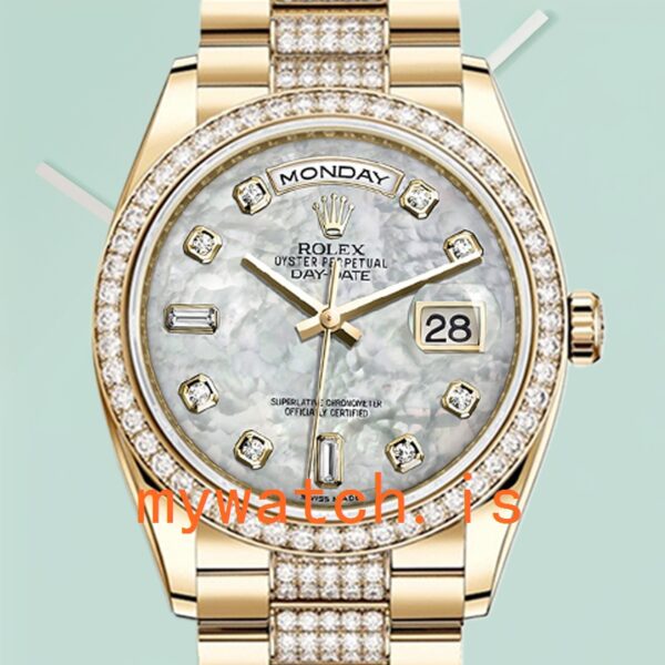 Rolex Day-Date M118348-0061 Mens 36mm Diamond Bezel President Bracelet: Genuine vs. Replica